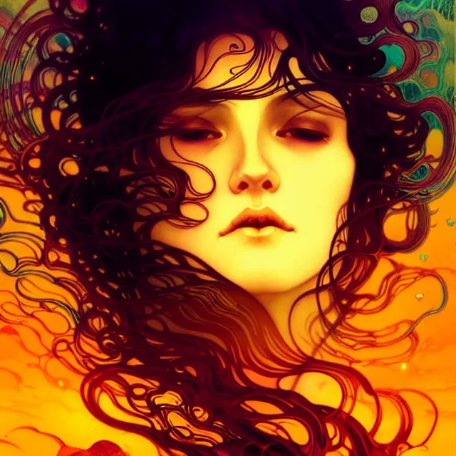 Prompt: mind bending indigo ocean waves of glossy psychedelic liquid honey drops flowing like kaleidoscopic translucent amber, lsd waves ripples, crystal clear, backlit, sunset, refracted lighting, art by collier, albert aublet, krenz cushart, artem demura, alphonse mucha