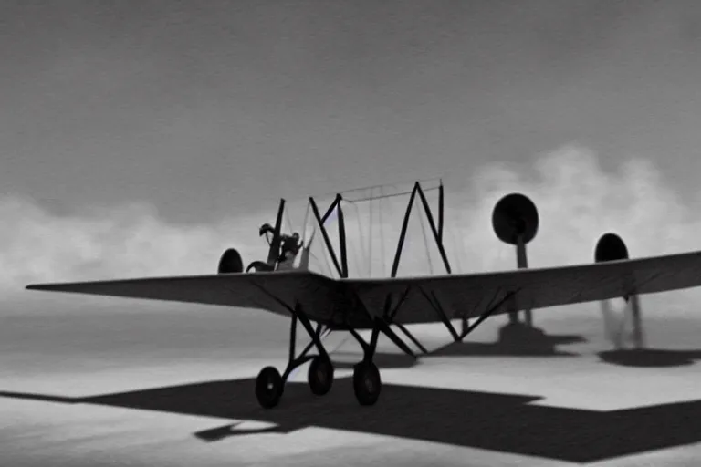 Image similar to still photo of the wright brothers taking off an airplane for the first time, black and white color photograph, highly detailed, photorealistic shot, bright studio setting, studio lighting, crisp quality and light reflections, unreal engine 5 quality render