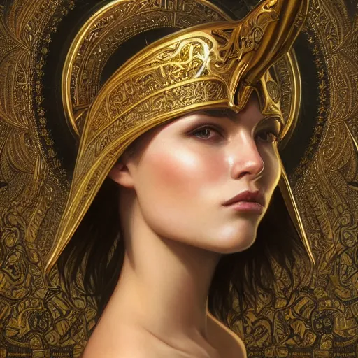 Image similar to an attractive young female wearing an ornate metallic helmet, holly pears, olive skin, long dark hair, beautiful bone structure, intricate, elegant, highly detailed, digital painting, artstation, concept art, smooth, sharp focus, illustration, art by artgerm and greg rutkowski and alphonse mucha