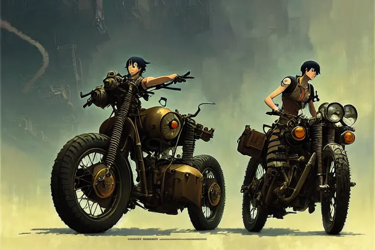 Image similar to dieselpunk, motorcycle, painted by greg rutkowski makoto shinkai takashi takeuchi studio ghibli, akihiko yoshida