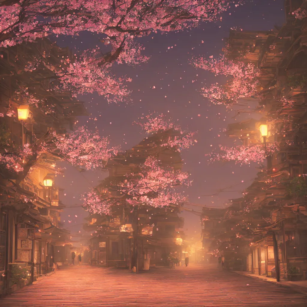 Image similar to Japanese street at night, cherry blossom petals, highly detailed, 3D render, digital art, artstation, 8K photography, matte photo-realistic, vivid colors, moody cool temperature, by Hayao Ghibli Miyazaki, breath of the wild style