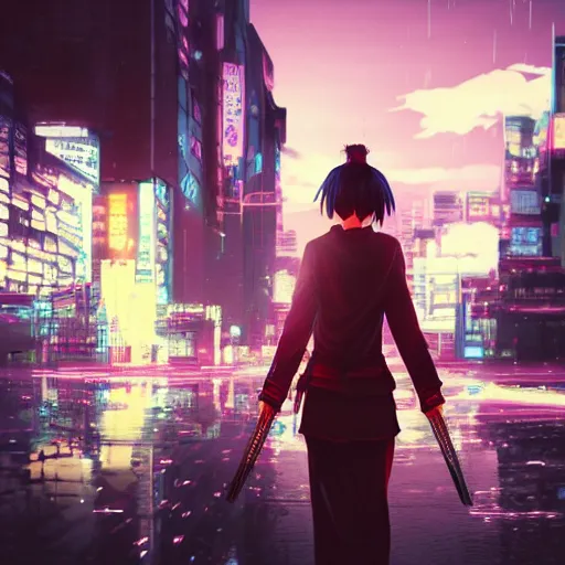 Prompt: / imagine prompt : mikasa as a samurai warrior in a cyberpunk city, vaporwave, hyper realistic, octane render, 8 k