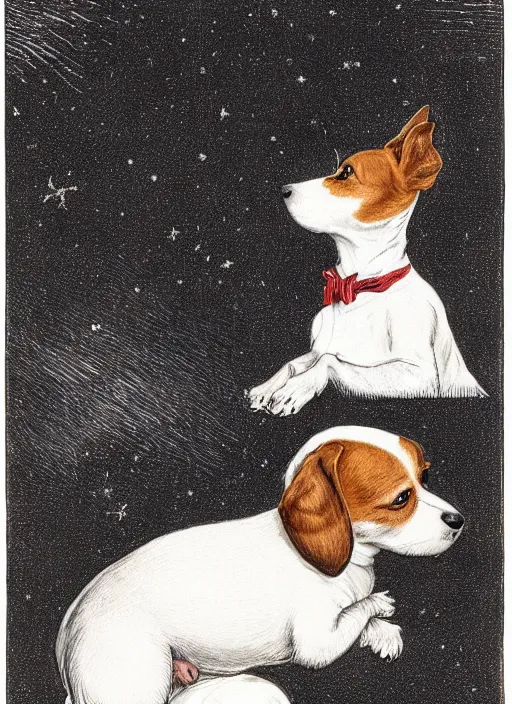 Image similar to candid portrait of jack russel dog looking up barking, from behind, night sky, highly detailed, side view, illustrated by peggy fortnum and beatrix potter and sir john tenniel