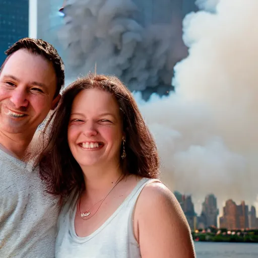 Image similar to a close up of a smiling couple of parents to be, in front of 9 / 1 1 with pink smoke, 1 2 0 mm, clear details, award winning