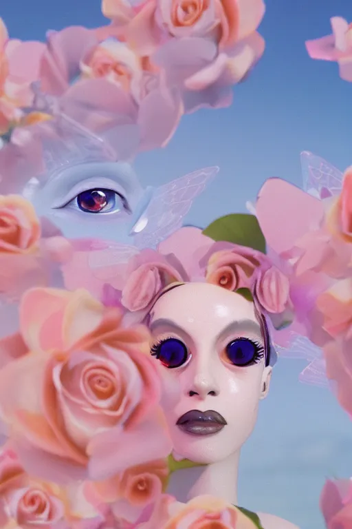 Image similar to milky crystal quartz eyeballs with wings. peach roses, background heavenly sky by basquiat, Trending on artstation. halo. octane render, cinematic, hyper realism, octane render, 8k, depth of field, 3D