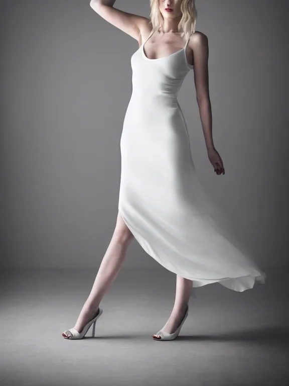 Image similar to photo of gorgeous seductive tall emily skinner cosplaying annie leonhart wearing open toe heels, wearing tight white dress, in a white room, beautiful face, pale skin, rule of thirds, cinematic lighting, sharp focus, backlit, stunning, smooth, hard focus, full body shot, studio photo, shot on sony a 7 iii