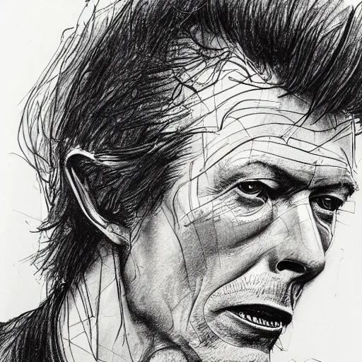 Image similar to a realistic yet scraggly portrait sketch of the side profile of a stern and sophisticated david bowie, trending on artstation, intricate details, in the style of frank auerbach, in the style of sergio aragones, in the style of martin ansin, in the style of david aja, in the style of mattias adolfsson