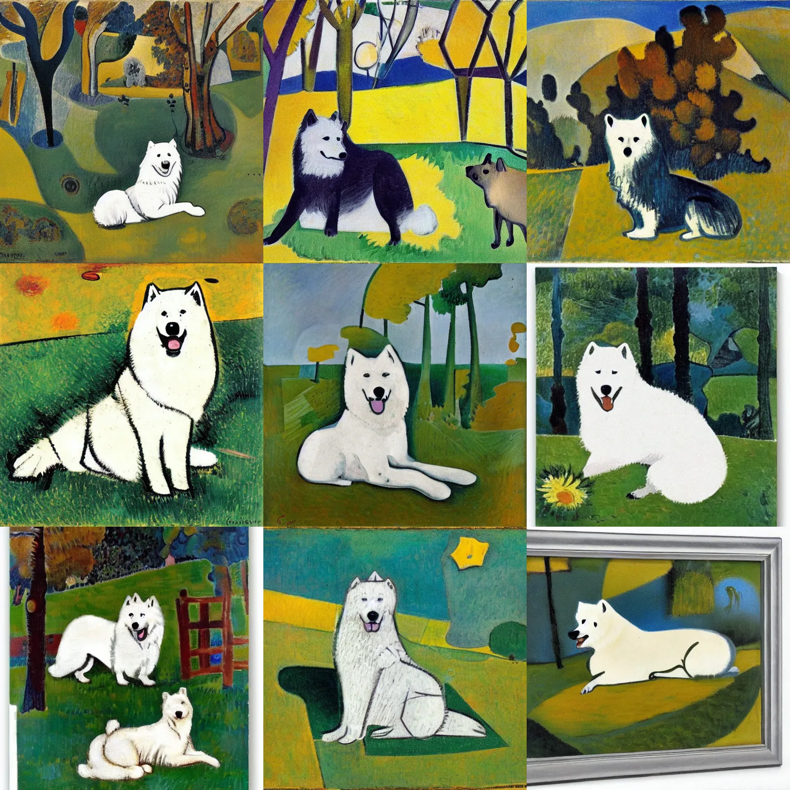 Prompt: a samoyed dog sitting in the middle of sunny meadow, by georges braque