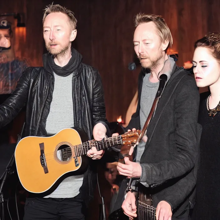 Prompt: thom yorke is playing an intimate solo acoustic concert for edward norton and his date kristen stewart. professional photography