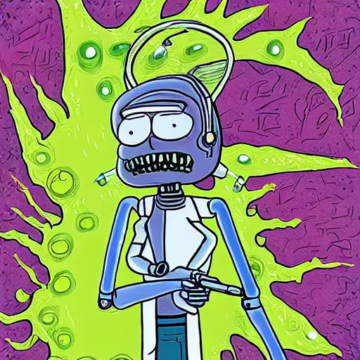 Image similar to portrait of alien rick holding a cybernetic rifle, rick and morty forever and forever a hundred years! g