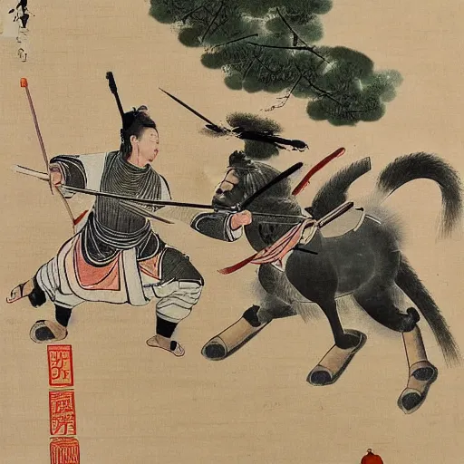 Prompt: chinese painting of two roman soldiers dueling in the fields,