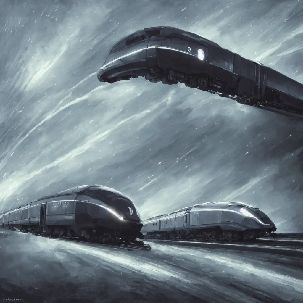 Image similar to highly detailed painting of powerful futuristic streamline train speeding very fast. romanticism. extreme speed with headlight beam shining brightly into the fog and rain. dramatic lighting. motion streaks.. vanishing point. photorealistic.