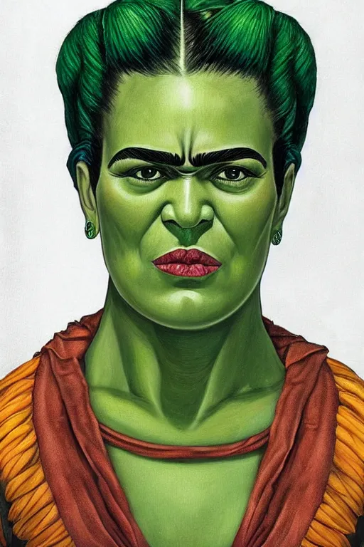 Image similar to ultra detailed incredible hulk portrait in the style of Frida Kahlo