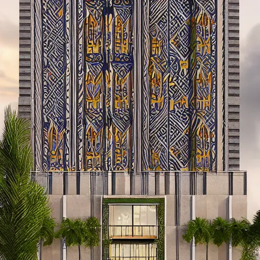 Image similar to contemporary architecture decorated with ethnic ornaments, illustration, hyper realistic, 4 k