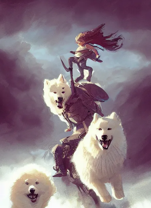 Image similar to comic book cover. giant samoyed dog being ridden by a small young girl. heroic lighting by greg rutkowski, trending on artstation