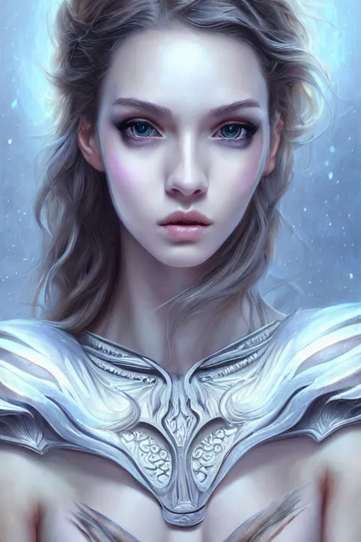 Image similar to a photorealistic painting of an attractive young girl, partially clothed in ethereal armor emitting psychic powers, beautiful bone structure, symmetrical face, perfect eyes, intricate, elegant, highly detailed, hyper detailed, trending on tumblr, by artgerm, by loish, fantasy scene, fantasy aesthetic, trending on Artstation