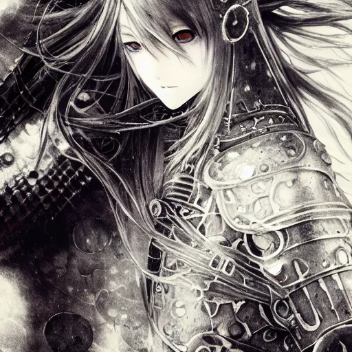 Image similar to yoshitaka amano blurred and dreamy illustration of an anime girl with pirate eye patch, wavy white hair and cracks on her face wearing elden ring armour with the cape fluttering in the wind, abstract black and white patterns on the background, noisy film grain effect, highly detailed, renaissance oil painting, weird portrait angle