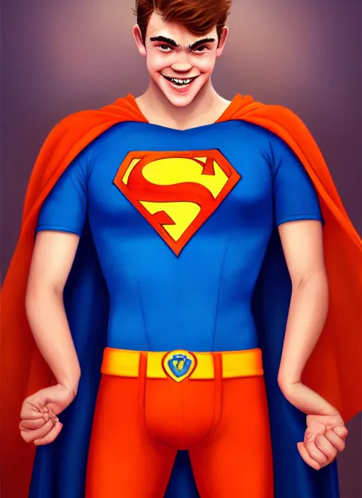 Image similar to friendly teenage archie andrews wearing an orange superhero costume with heart logo, freckles, pureheart the powerful, heart emblem on chest, blue cape, intricate, elegant, glowing lights, highly detailed, digital painting, artstation, sharp focus, illustration, art by wlop, mars ravelo and greg rutkowski