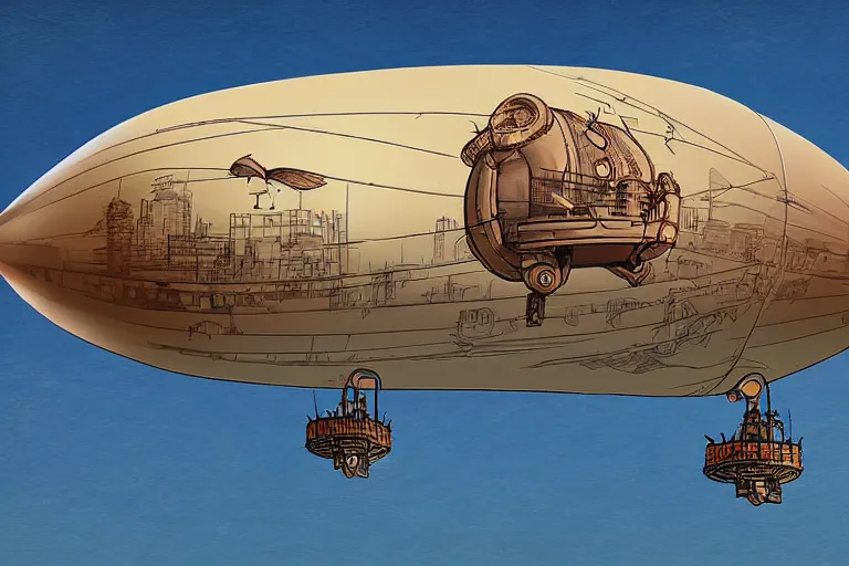 Image similar to a blimp in the shape of a pig, steampunk, digital art, extremely detailed, flying over a city