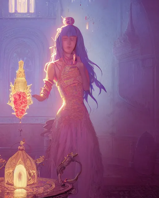 Image similar to highly detailed surreal vfx portrait of a female candypunk mage in a majestic castle by golden tree, stephen bliss, unreal engine, greg rutkowski, loish, rhads, beeple, makoto shinkai and lois van baarle, ilya kuvshinov, rossdraws, tom bagshaw, alphonse mucha, global illumination, detailed and intricate environment