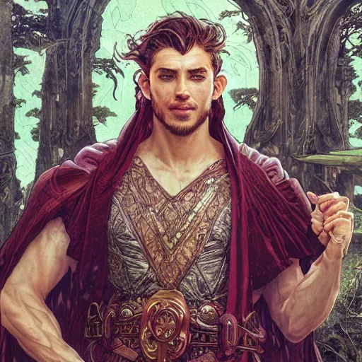 Prompt: An epic fantasy comic book style portrait of a fantasy male martial arts expert, temple ruins surrounded by lush meadow and big pines, intricate, elegant, highly detailed, digital painting, artstation, concept art, matte, sharp focus, illustration, art by Artgerm and Greg Rutkowski and Alphonse Mucha