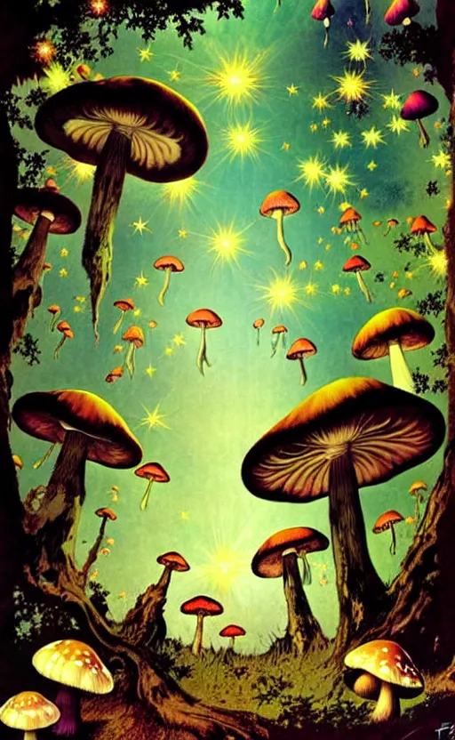 Prompt: stars in the sky fairies flying into an enchanted forest mushrooms on the ground psychedelic wide angle shot white background vector art illustration by frank frazetta