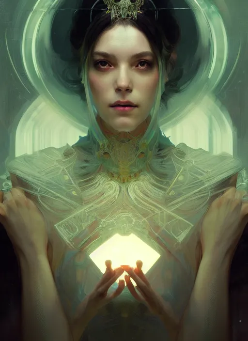 Image similar to symmetry!! portrait of a beautiful princess, sci - fi, glowing lights!! intricate, elegant, highly detailed, digital painting, artstation, concept art, smooth, sharp focus, illustration, ethereal, ominous, misty, by ruan jia and jeremy mann and alphonse mucha, 8 k