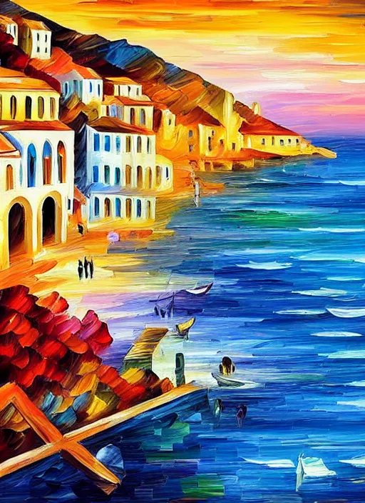 Image similar to beautiful seaside greek village in the style of leonid afremov