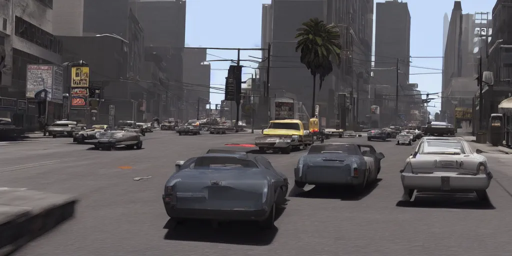 Image similar to movie still 35mm film photograph of a action movie car chase scene in downtown Los Santos, in style of Christopher Nolan, f8 aperture, cinematic Eastman 5384 film