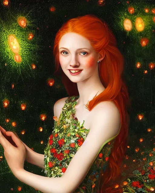 Image similar to a happy young woman looking over shoulder, intricate detailed dress, sitting among the lights of golden fireflies and nature, long loose red hair, bright green eyes, small nose with freckles, triangle shape face, smiling, dreamy scene, golden ratio, high contrast, hyper realistic digital art by caravaggio and artgerm.