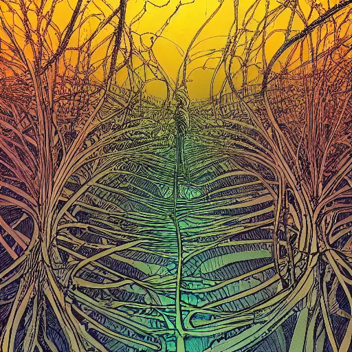 Prompt: dark jungle of artificial neural networks and neurons, neurons, highly detailed, in the style of Moebius, Jean Giraud