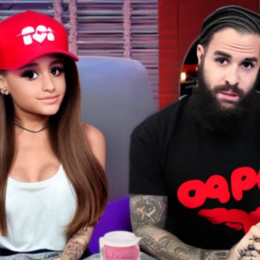 Image similar to ariana grande on the no jumper podcast, sitting down, no jumper podcast, realistic, adam 22, ariana grande sitting down with adam 22