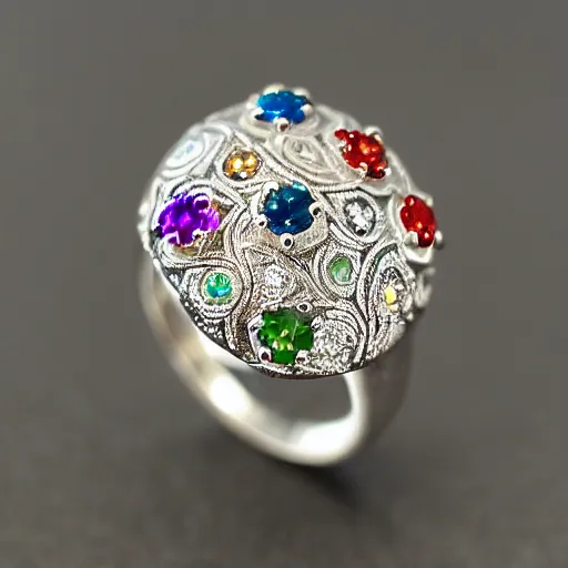 Prompt: jewelry a white gold ring depicting the universe with diamonds and colored gems, ornate, filigree, hyper realistic