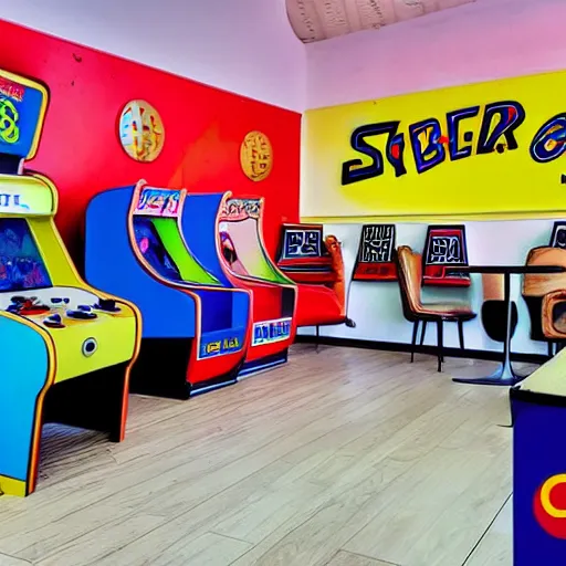 Prompt: photo of a sober styled retro arcade / cafe with 8 0 s art on the tall white walls, wide angle shot 4 k hdr