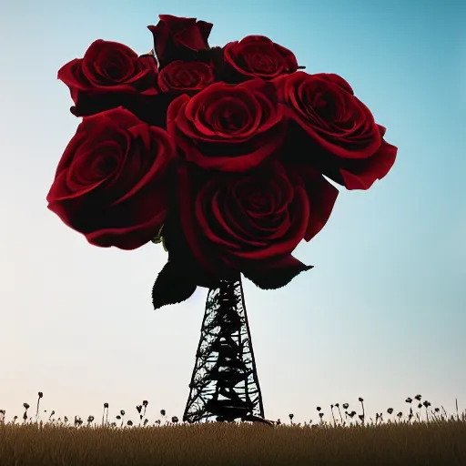 Prompt: photo of a dark tower in the center of a field of roses. golden hour. photorealism. 4 k trends on artstation. national geographic. photography on iphone