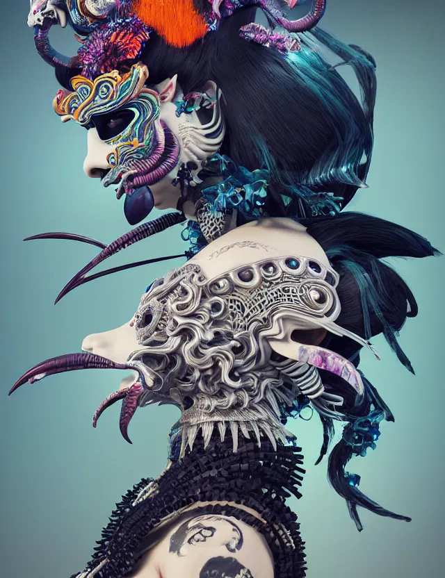 Image similar to 3 d goddess close - up profile portrait punk with mohawk with ram skull. beautiful intricately detailed japanese crow kitsune mask and clasical japanese kimono. betta fish, jellyfish phoenix, bio luminescent, plasma, ice, water, wind, creature, artwork by tooth wu and wlop and beeple and greg rutkowski