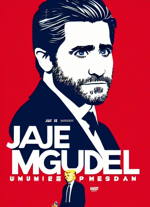 Prompt: the mogul, jake gyllenhaal portrays united states president donald trump, 8 0's movie poster, theatrical poster, vibrant fan art, digital art, trending on artstation, minimalist