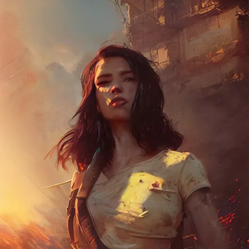 Image similar to fallout 5, charismatic beautiful rugged brunette female protagonist, portrait, outdoors tropical cityscape, atmospheric lighting, painted, intricate, volumetric lighting, beautiful, daytime, sunny weather, few clouds, sharp focus, deep colours, ultra detailed, art by william turner, krenz cushart and wenjun lin