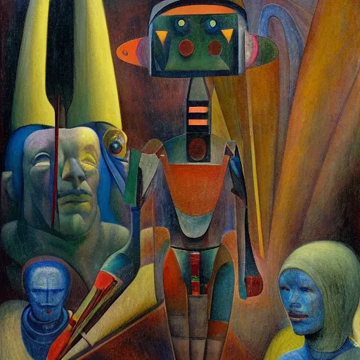 Image similar to portrait of a robot shaman, by annie swynnerton and edward hopper and diego rivera and jean delville and rufino tamayo and evelyn de morgan, art deco shaman, stylized geometric flowers, art brut, outsider art, symbolist, dramatic lighting, god rays, clean crisp graphics, smooth sharp focus, extremely detailed, adolf wolfli