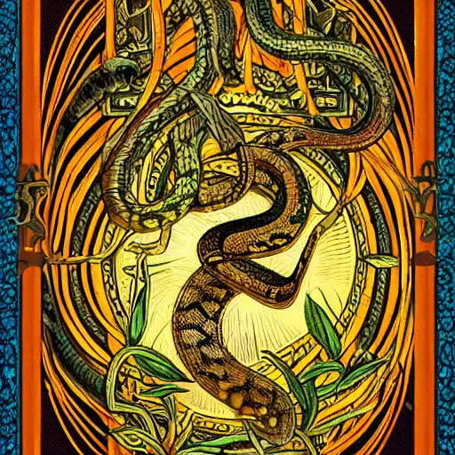 Image similar to a snake biting itself in the center of a tarot card, intricate details in the frames, 4k, high quality render.