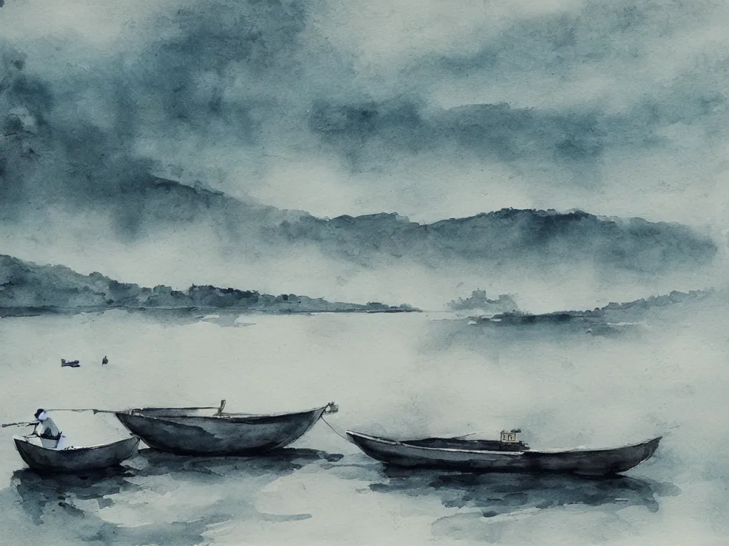 Image similar to a boat is parked on the lake, there is only one person on the boat fishing, cinematic landscape ， natural light, ink painting