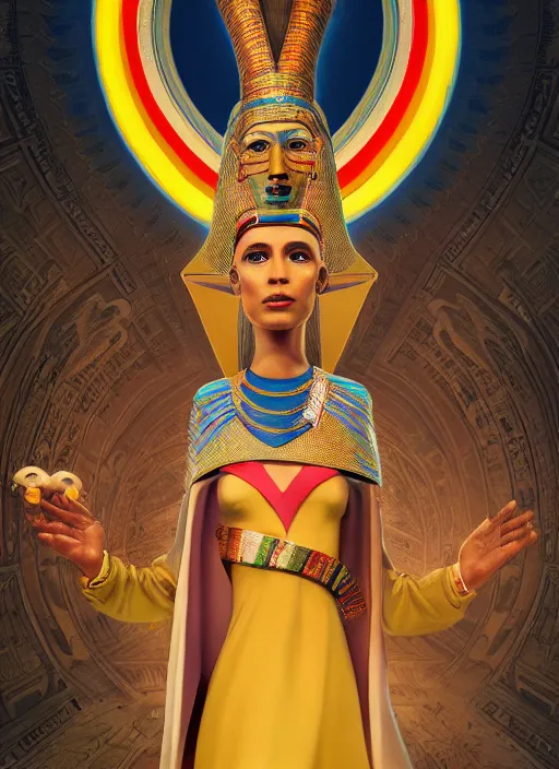 Image similar to an anthropomorphic beautiful female wizard of pharaoh holding a staff portrait wearing colourful robe, fine art, award winning, intricate, elegant, sharp focus, octane render, hyperrealistic, cinematic lighting, highly detailed, digital painting, 8 k concept art, art by jamie hewlett and z. w. gu, masterpiece, trending on artstation, 8 k