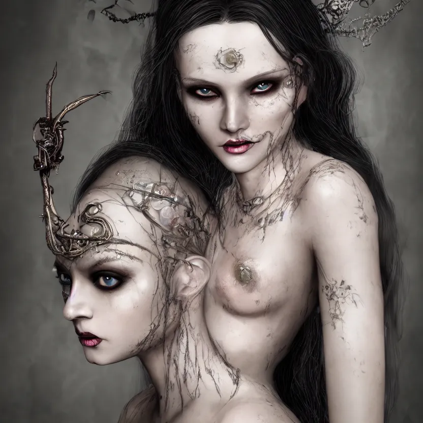 Image similar to single faced portrait of enchanting femenine witch, hyper attractive, seductive, very complex, hyper - maximalist, overdetailed, legendary cinematic, darkfantasy, archetype with timeless beauty breathtaking eyes, highly intricate, realism, perspicious detail, silent hill aesthetic, photorealistic, lifelike, dslr 8 k, unbeatable coherency, octane render