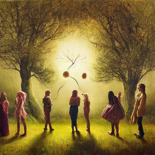 Prompt: A beautiful painting of a group of people gathered around a large tree in a forest. The tree is surrounded by a bright light, and the people appear to be looking up at it in wonder. dandelion by Sacha Goldberger