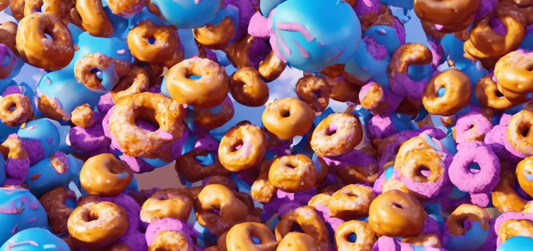 Prompt: screenshot from the movie \ cloudy with a chance of meatballs. \. turbulent sea of donuts. claymation. diorama. dutch angle. digital art. colorful. render. 4 k. 8 k. trending. wallpaper.