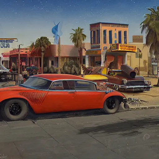 Image similar to restored vintage cars float through the air above the street in a small southwestern american town, art by alejandro burdisio