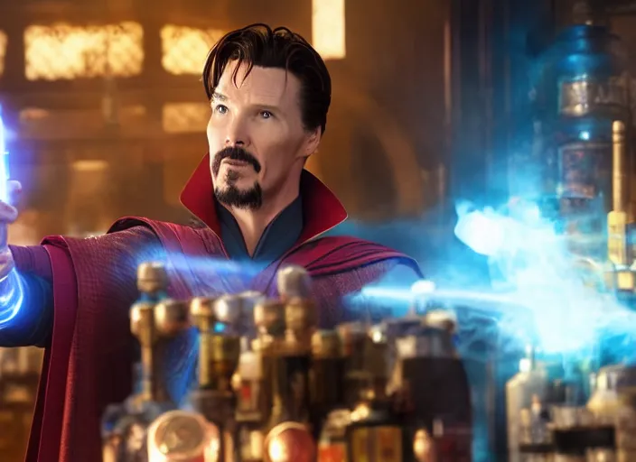 Image similar to film still of Doctor Strange working as a bartender in the new Avengers movie, 4k