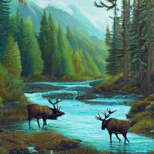 Prompt: a river running through a forest, herd of elk drinking out of it, classic painting, award winning, highly detailed