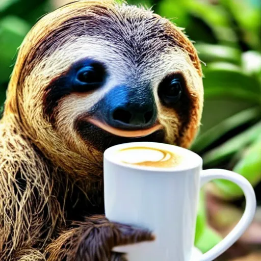 Prompt: photograph of a sloth drinking coffee, colorful, Epic, detailed, funny,