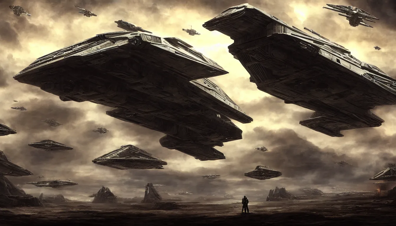 Image similar to digital masterpiece illustration concept art of giant spaceship, star wars, star trek, warhammer, battlestar galactica, starship troopers, halo, stargate, extremely detailed and intricate complexity, epic composition, magical atmosphere, cinematic lighting, wide long shot, masterpiece award winning, trending on artstation, 8 k